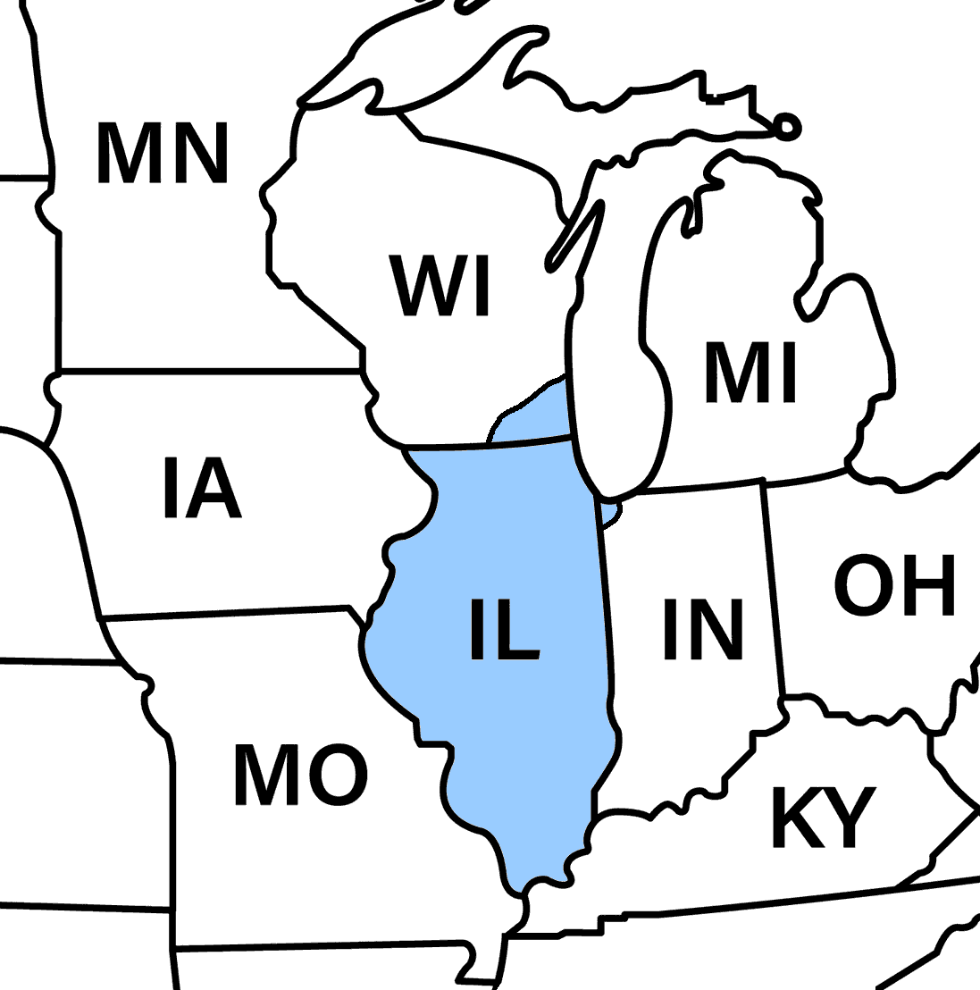 Map of the Midwest with Illinois highlighted in blue among surrounding states.