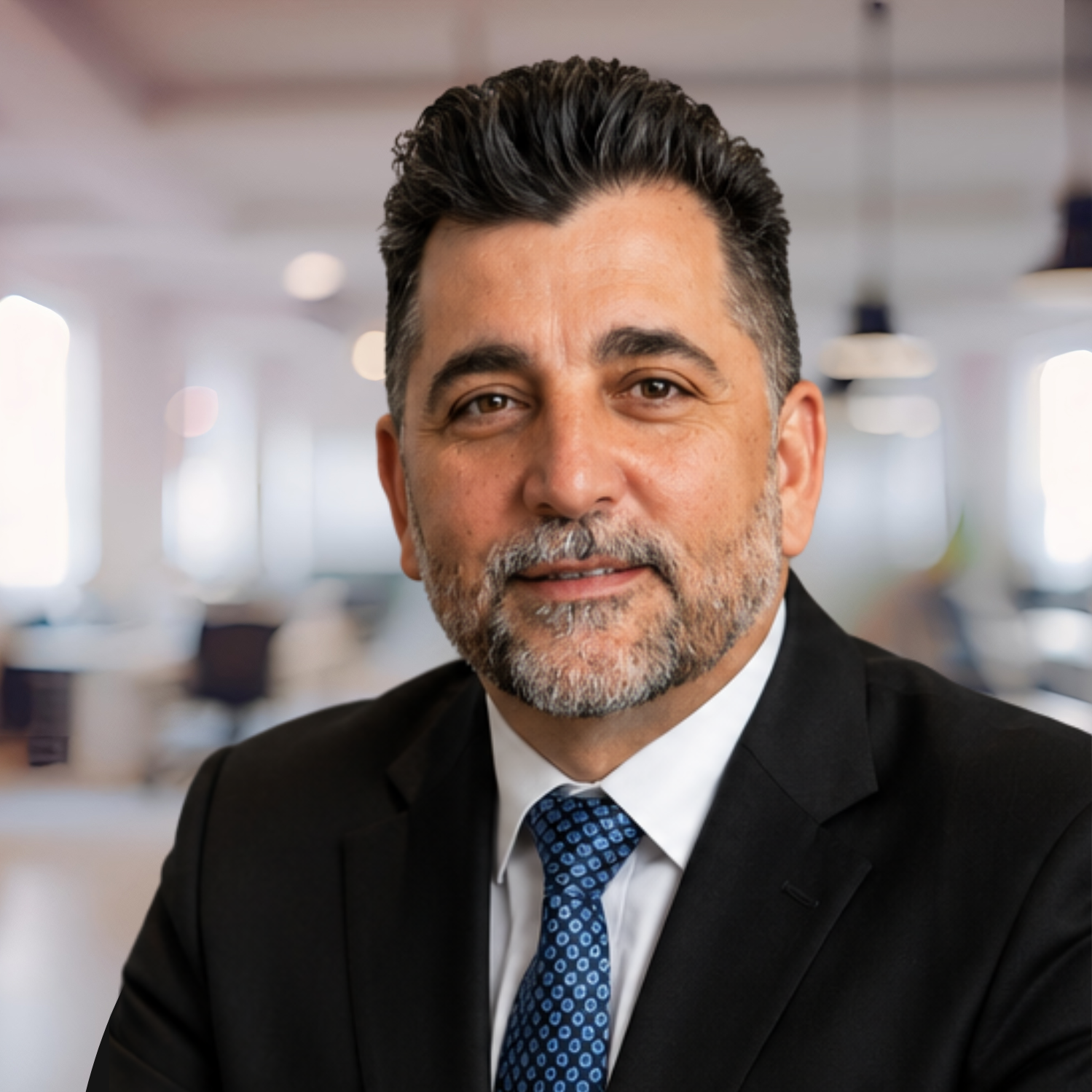 Portrait of a man in a dark suit and blue tie, posing against a softly blurred office background