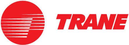 Trane logo in red text with a red circular emblem and white horizontal lines
