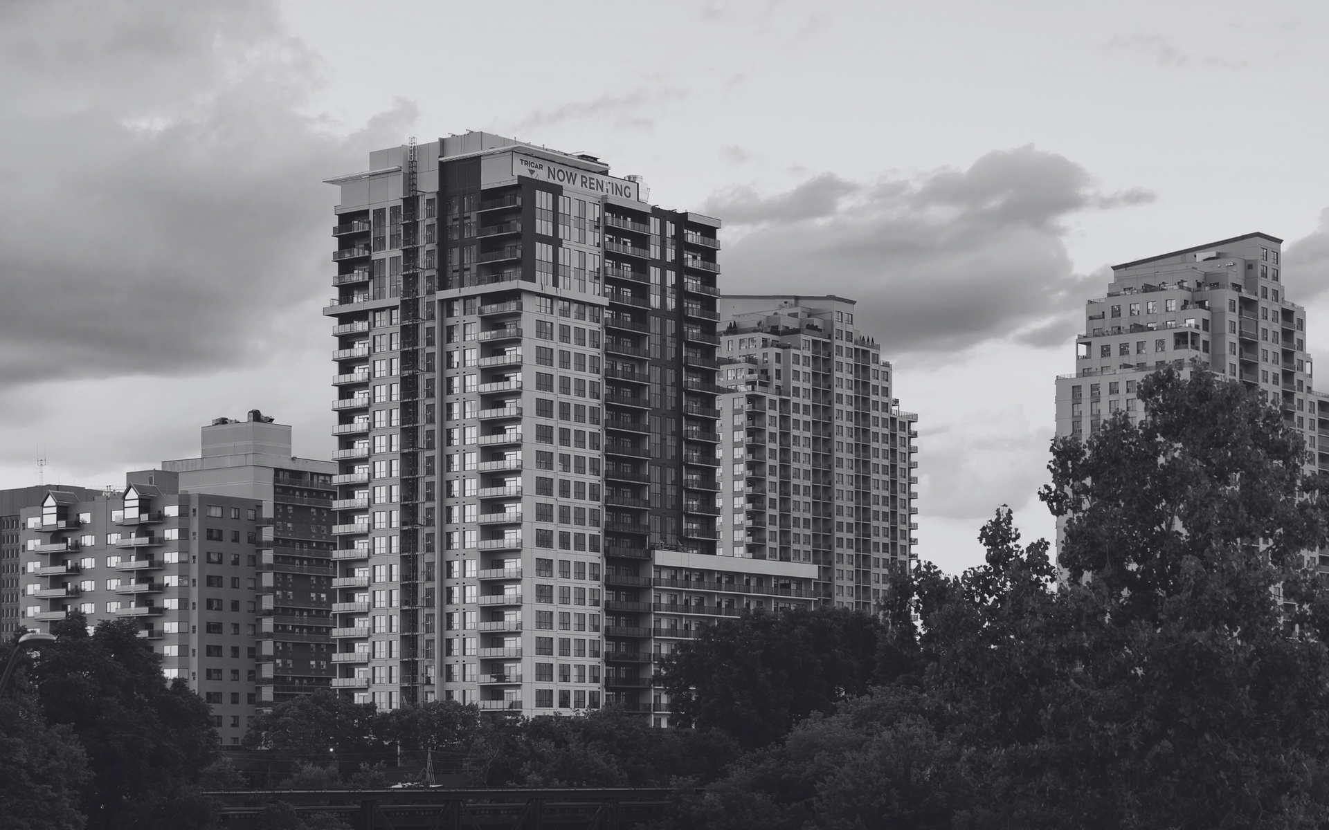 Grayscale city skyline with tall apartment buildings behind dense trees under cloudy sky