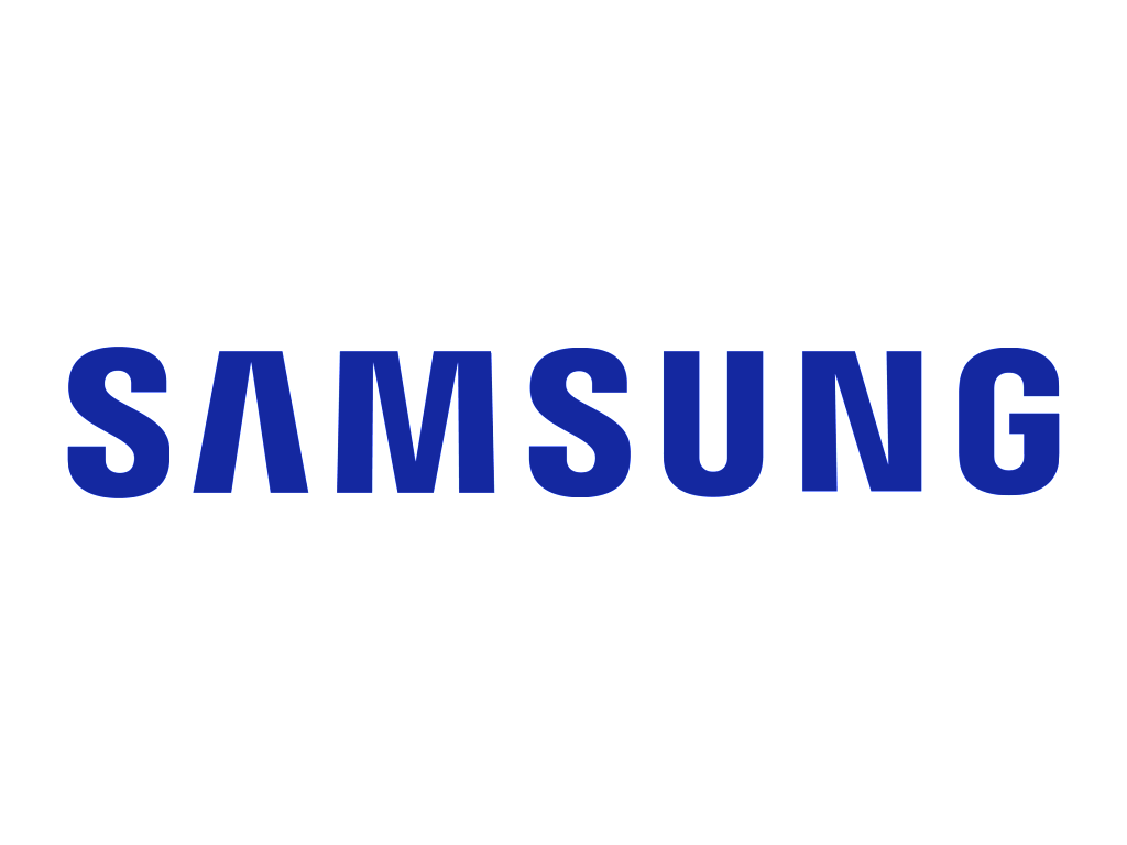 Samsung logo in blue on a white background