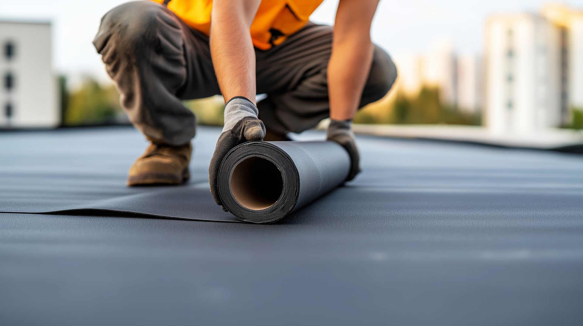Commercial roofing contractor installing flat roof membrane in Lincoln, NE