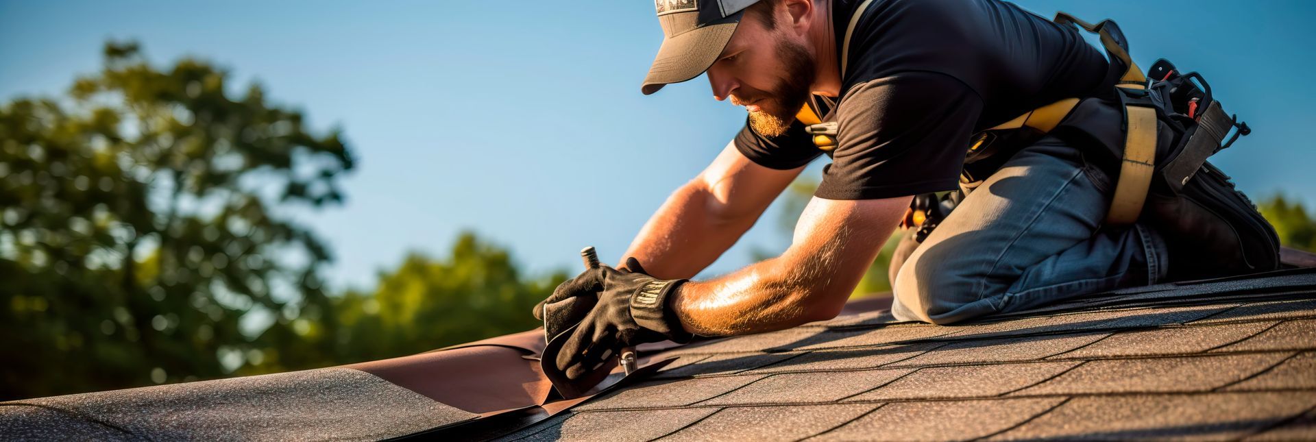 Roofer installing metal flashing on an asphalt shingle roof during outdoor home repairs.