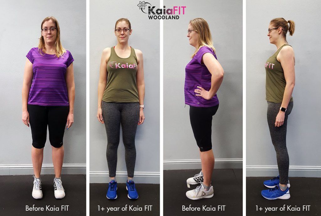 Before and after comparison of a person showing weight loss progress after one year of KaiaFIT training.