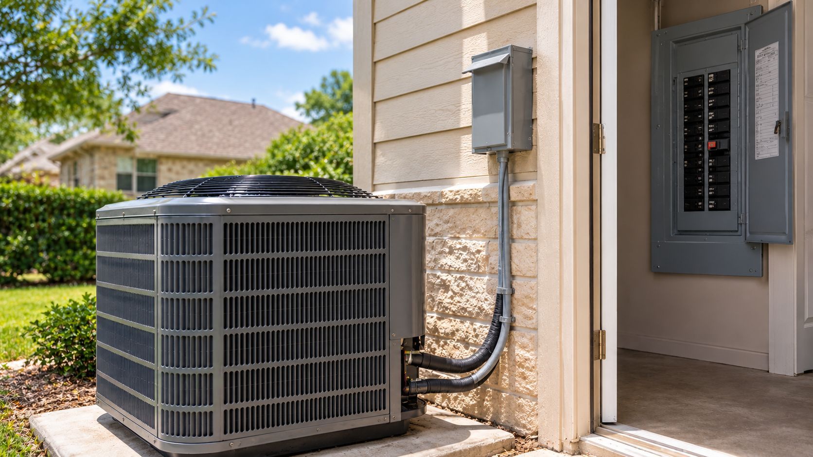 Outdoor air conditioner unit beside a house wall near an electrical panel and doorway.