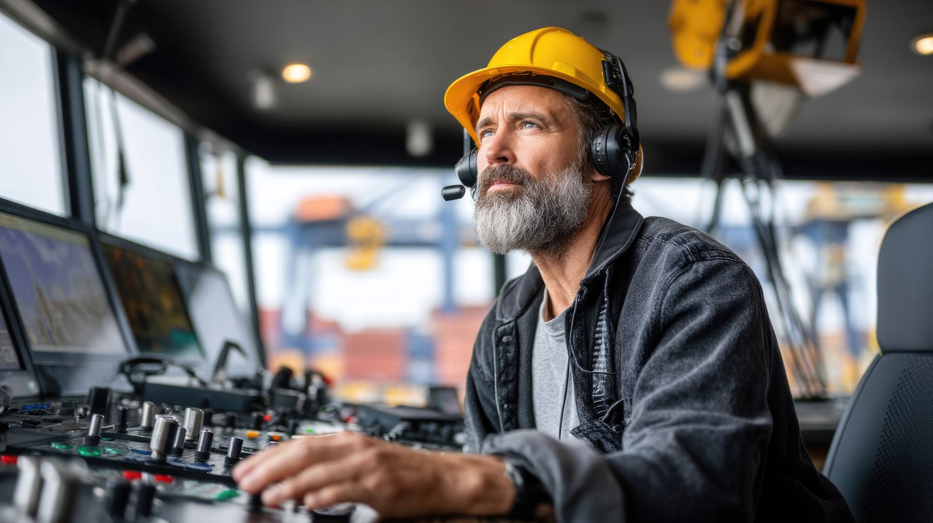 Man in hard hat and headset operates controls, looking out a window.
