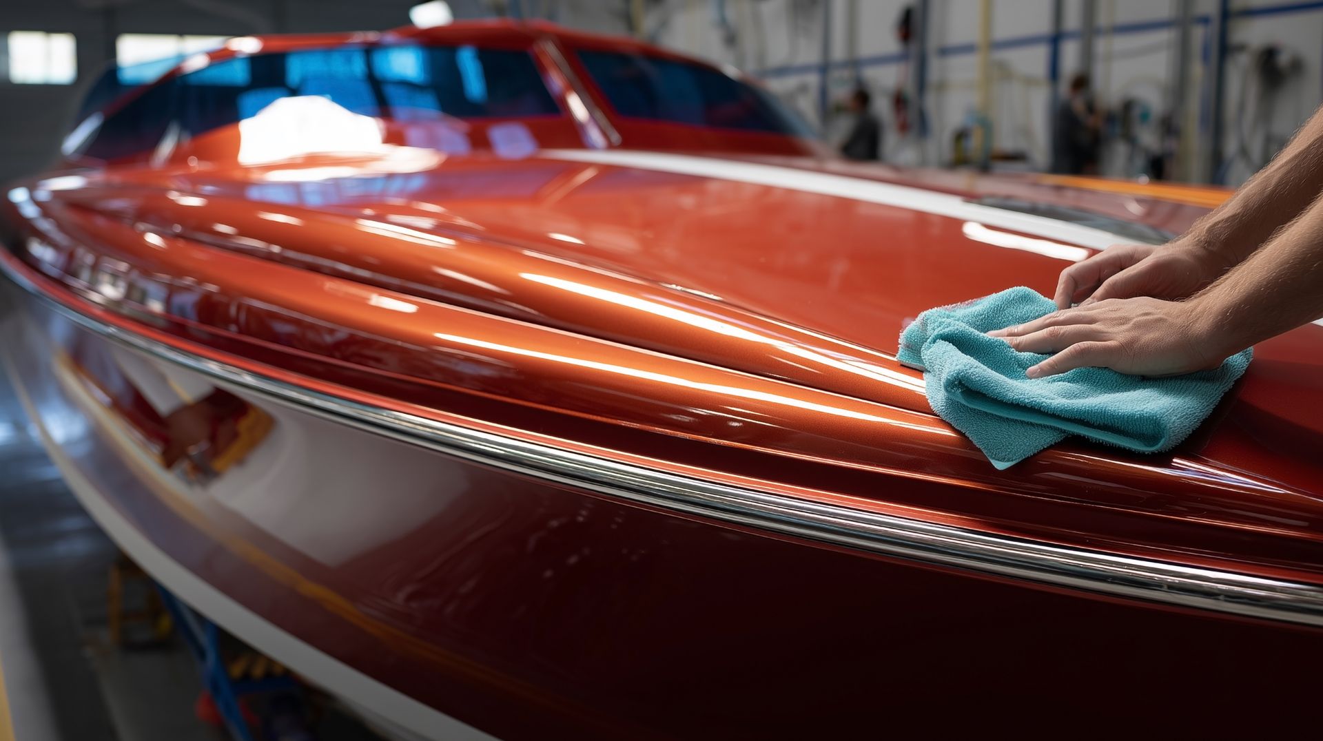 Person wiping down a shiny orange boat with a teal cloth.