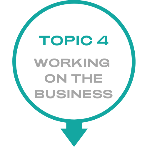 A speech bubble that says topic 4 working on the business