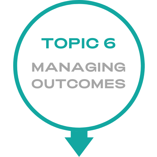 A speech bubble that says topic 6 managing outcomes with an arrow pointing down.
