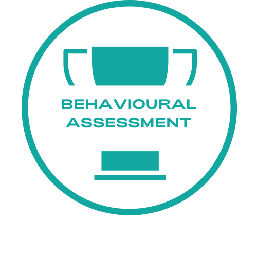 A blue circle with the words behavioral assessment on it