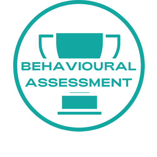 A blue circle with the words behavioral assessment on it