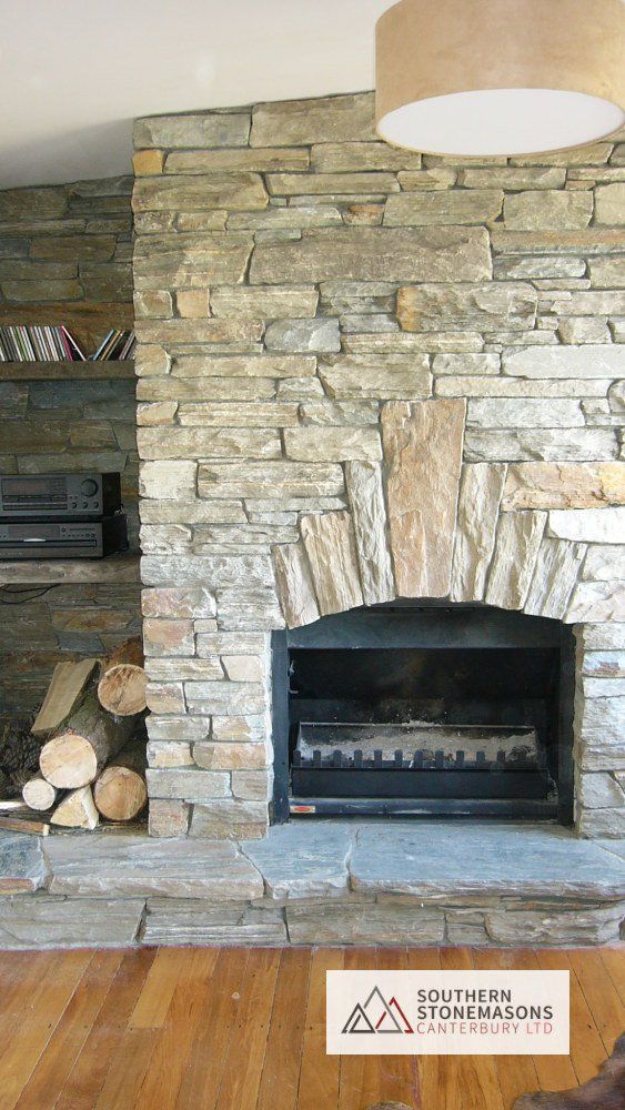 schist fireplace with keystone
