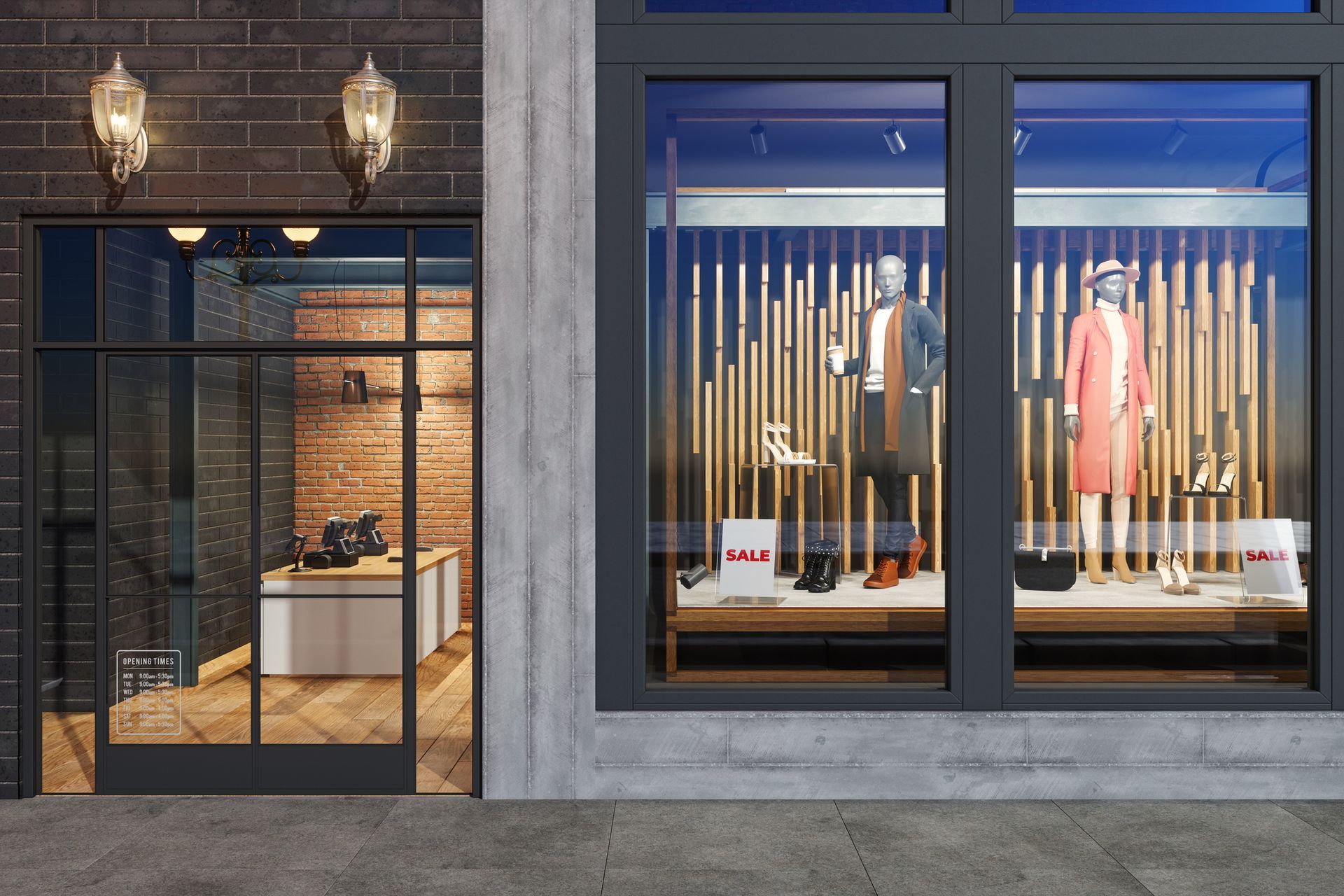 A store front with a display of clothes in the window.