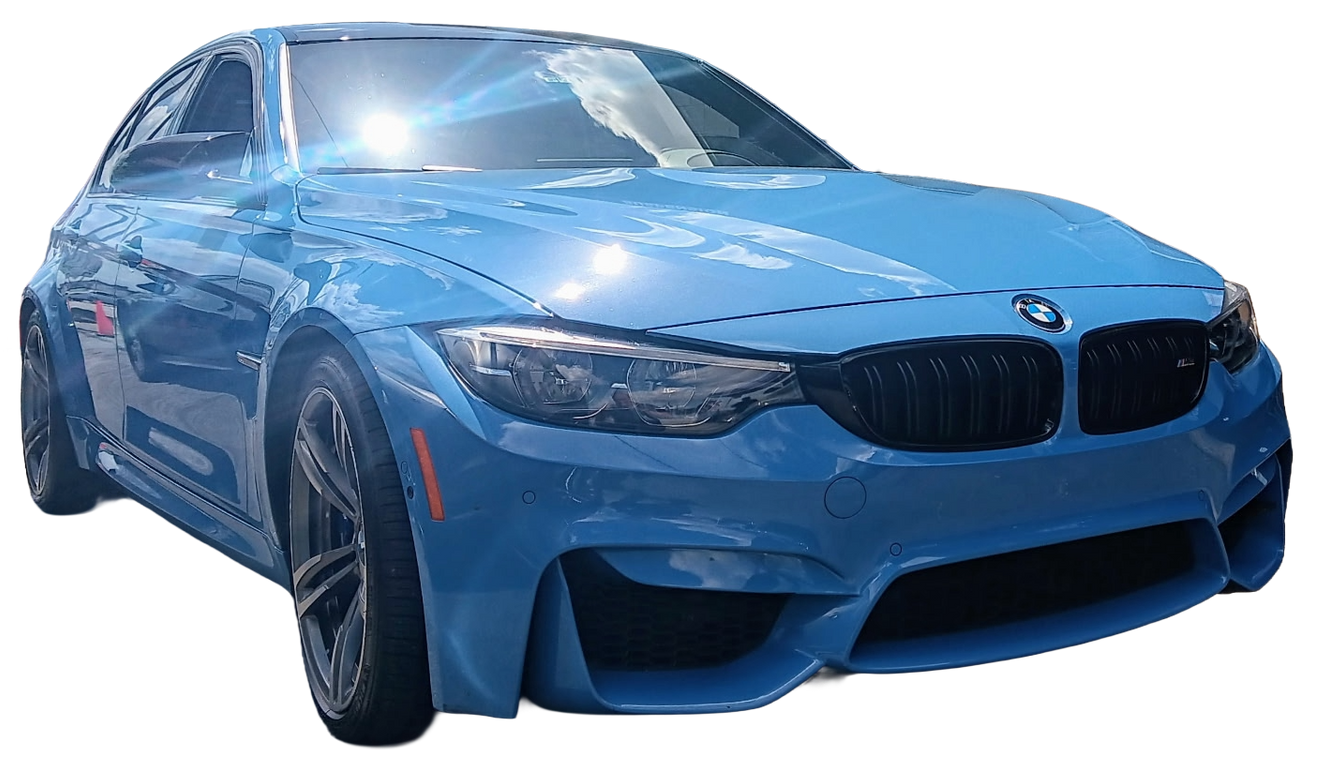 Blue BMW sports car, front view, parked, shiny paint, black wheels.