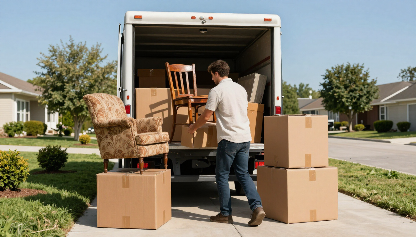 A junk removal crew loads old furniture and boxed items into a truck from a suburban driveway.