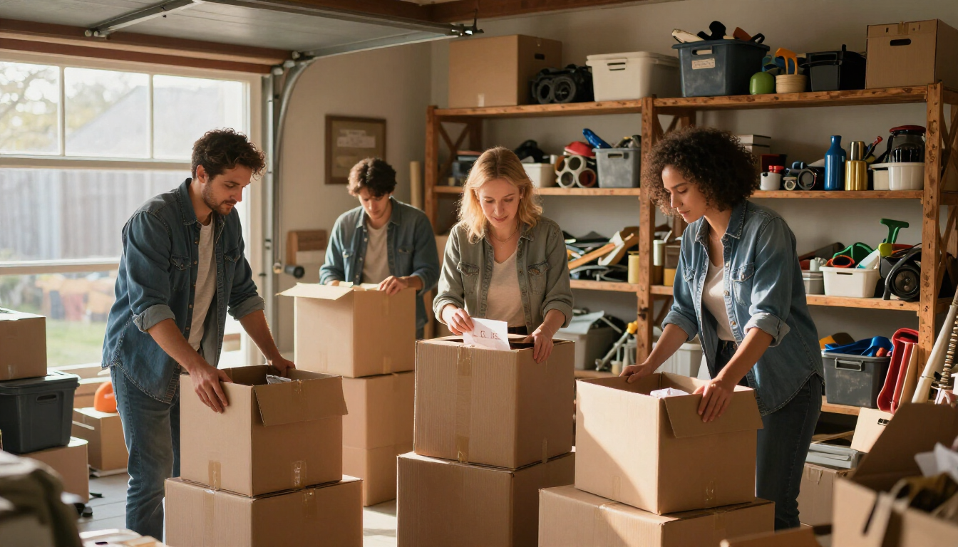 A team clears a cluttered garage during a full property cleanout.