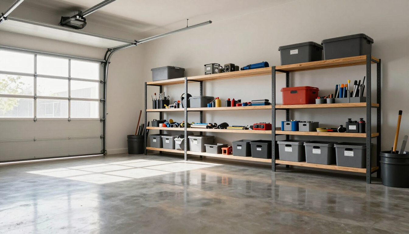A clean garage with organized storage space after junk removal.