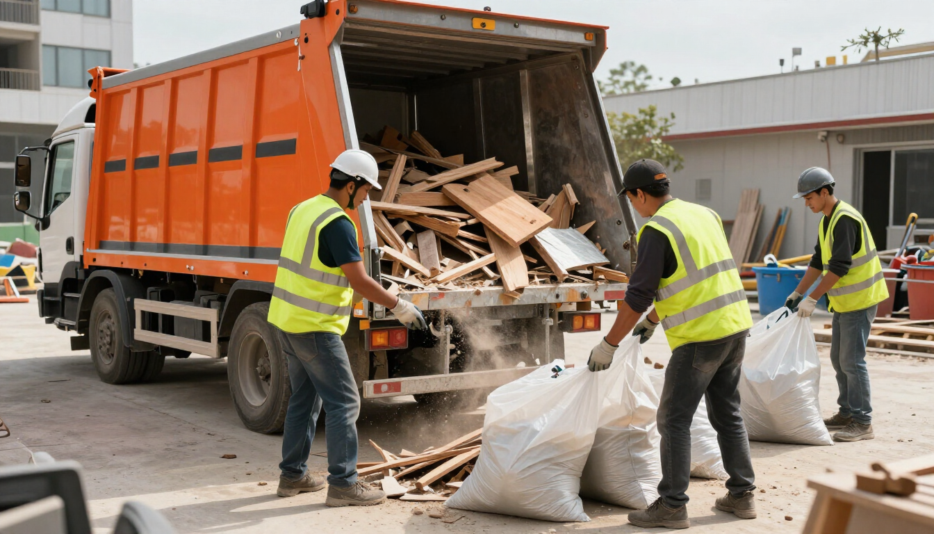 Workers remove construction debris from a renovation site.