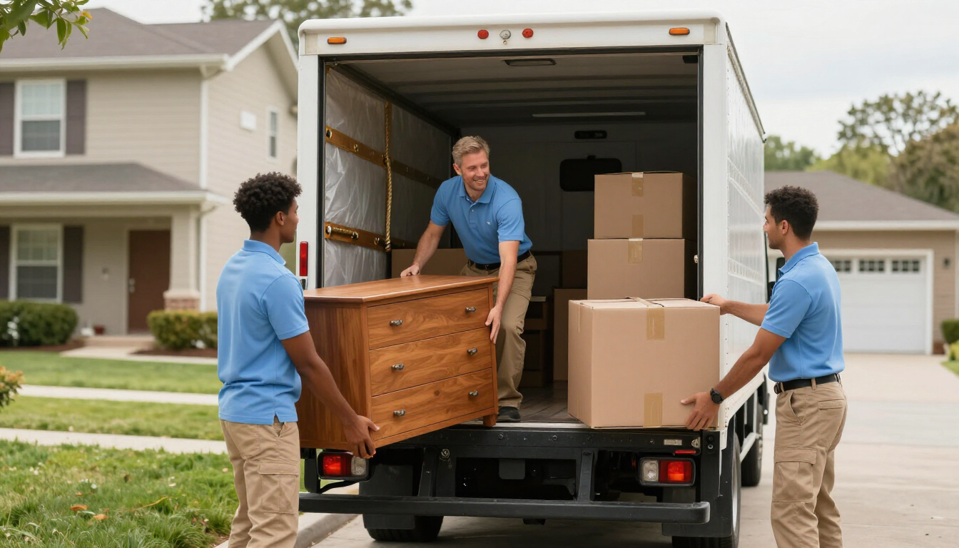 A local moving crew loads furniture into a box truck for an in-state move.