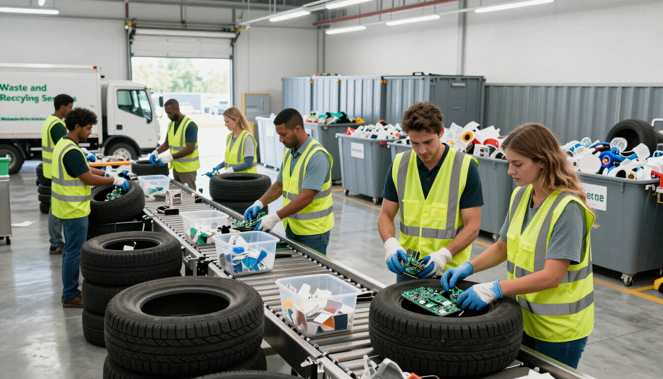 A recycling and disposal area with electronics, tires, and household items sorted for responsible handling.