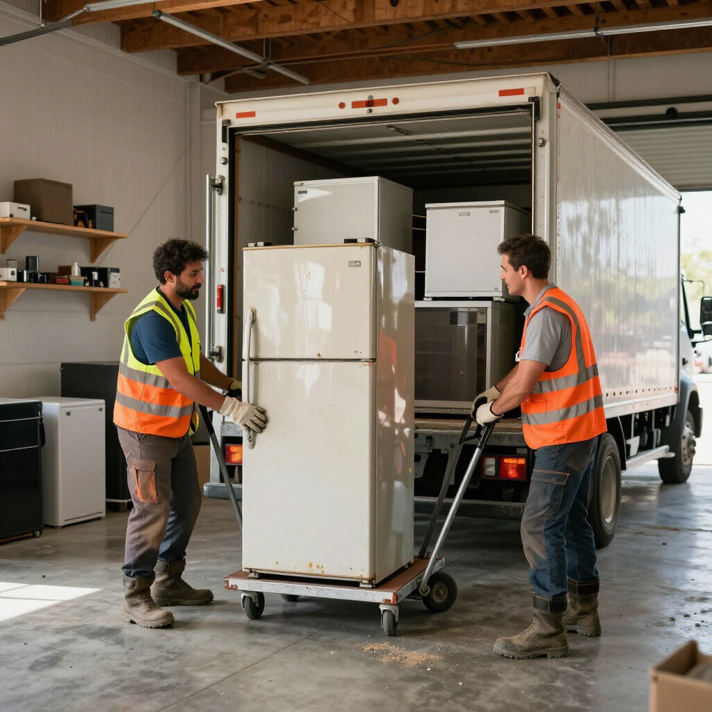 Workers removing an old refrigerator and appliances for disposal.