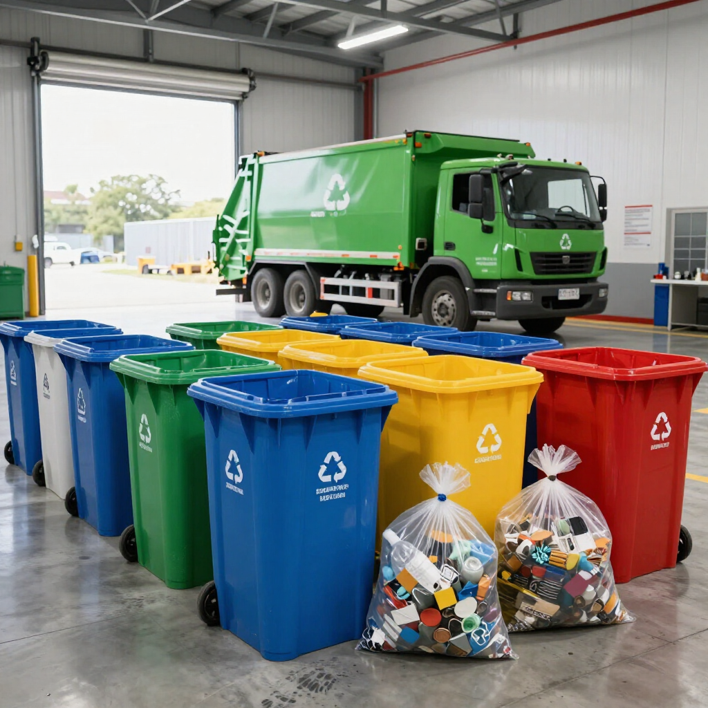 Trash and recycling materials prepared for responsible disposal.
