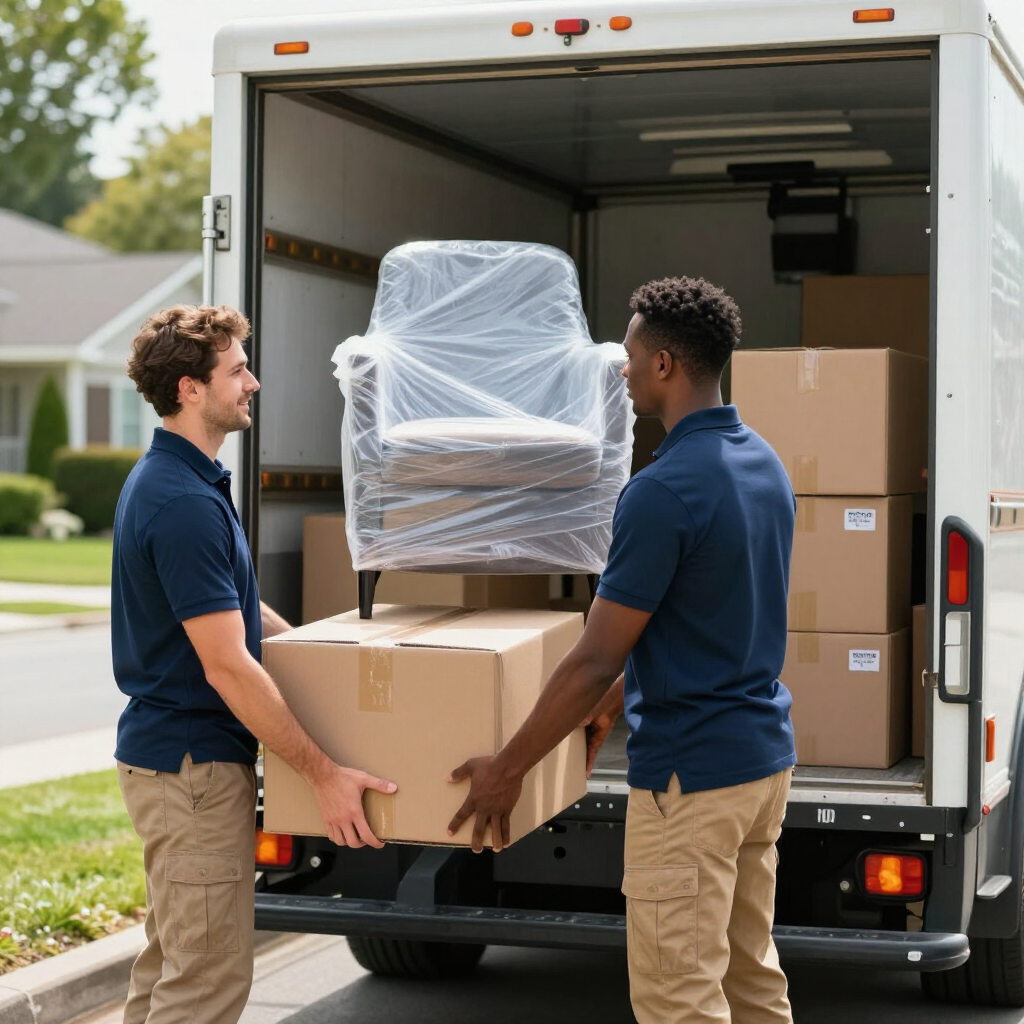 Moving helpers loading boxes and furniture into a truck for a local move.