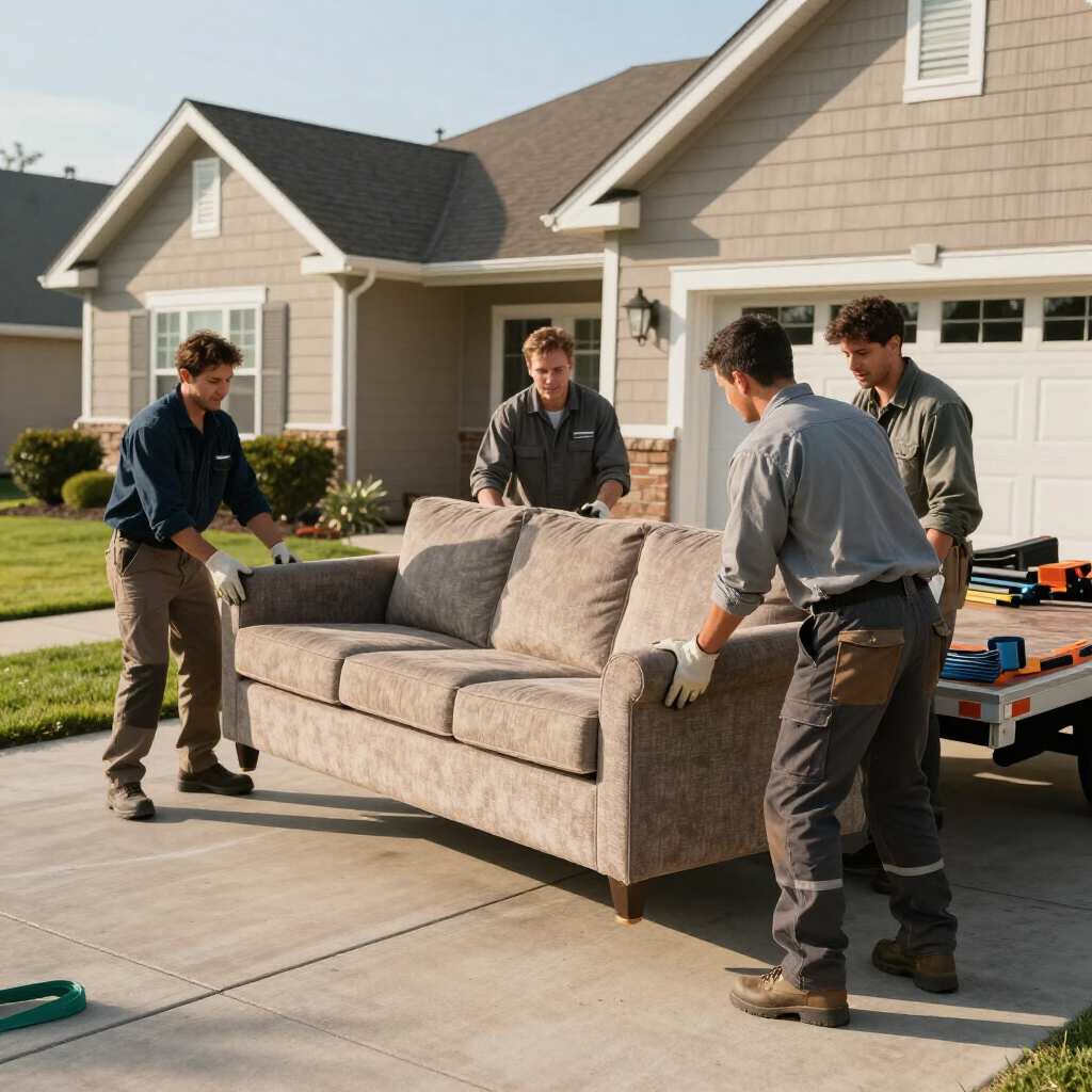 Crew removing a sectional sofa from a home during a junk removal job.