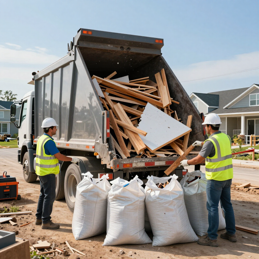 Construction debris being loaded for disposal after a cleanup project.
