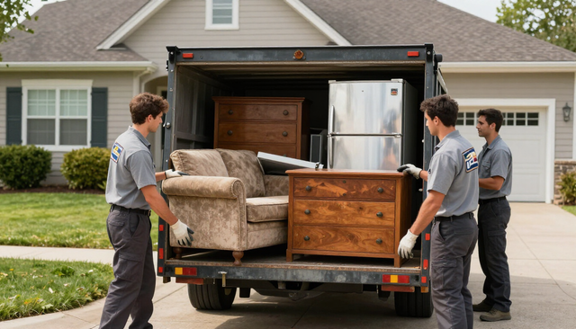 A professional junk removal crew loading furniture and appliances into a trailer at a residential property.