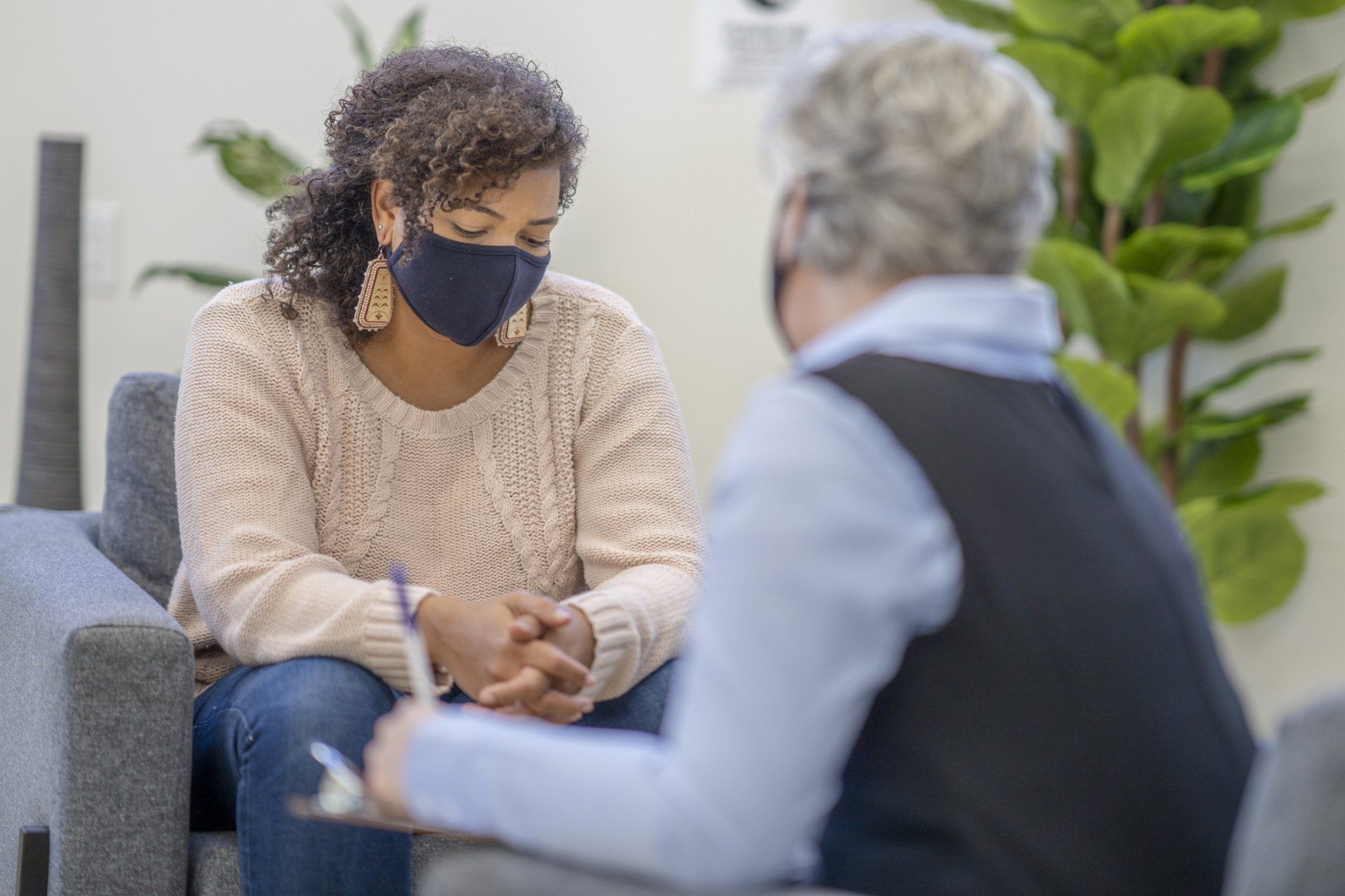 Patient wearing a mask during therapy session - Jersey City, NJ - Mental Health & Addiction Center