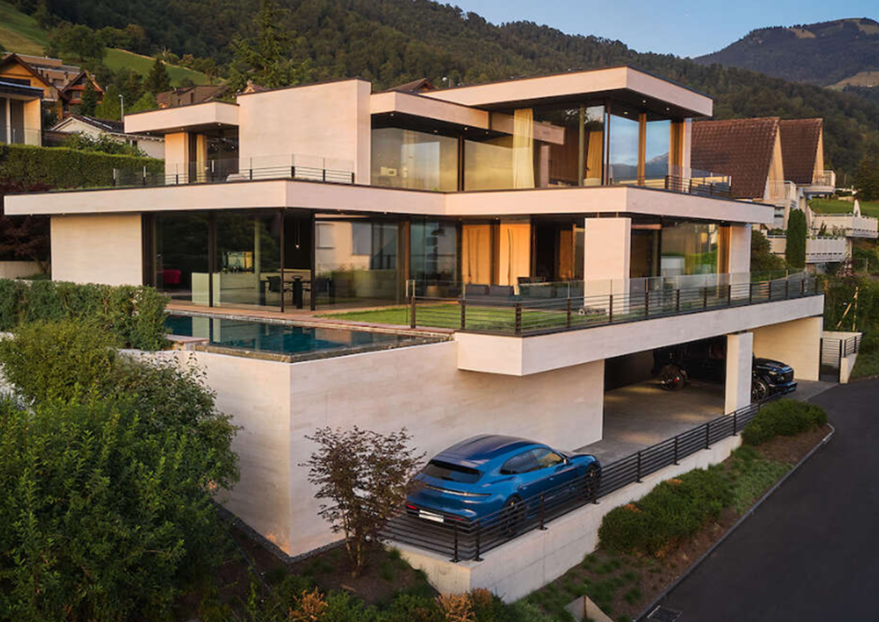 A large house with a blue car parked in front of it.