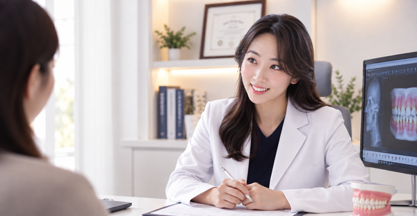 Dr. Sally Chaekyung Lee talking with a patient during an orthodontic consultation at Yonsei Baro, Isu Station, Seoul