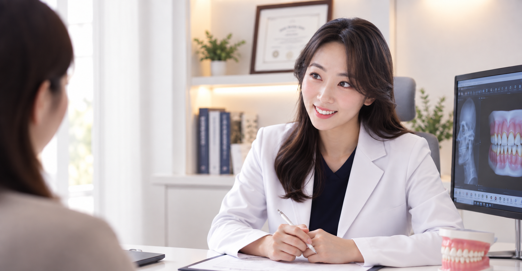 Dr. Sally Chaekyung Lee talking with a patient at Yonsei Baro Orthodontics & Pediatric Dentistry, Seoul