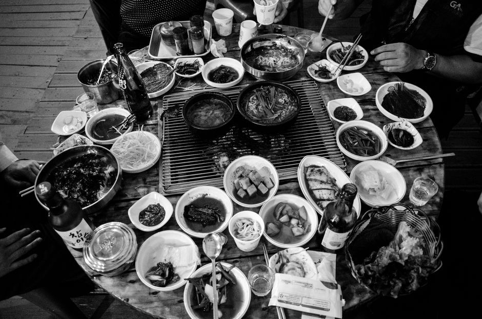 A table set with Korean dishes, side dishes and rice (stock photo)