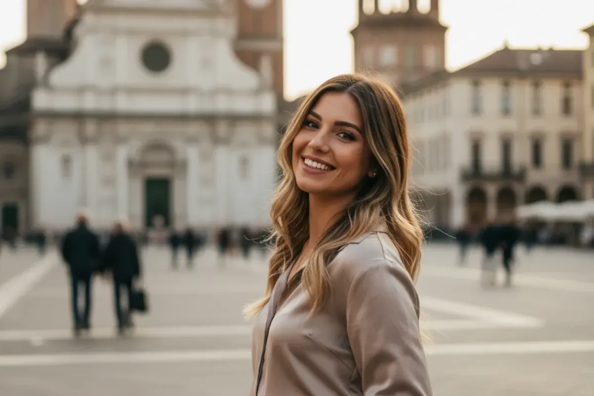 Donna sorridente con un cappotto beige in piedi in una piazza cittadina, con edifici storici sullo sfondo