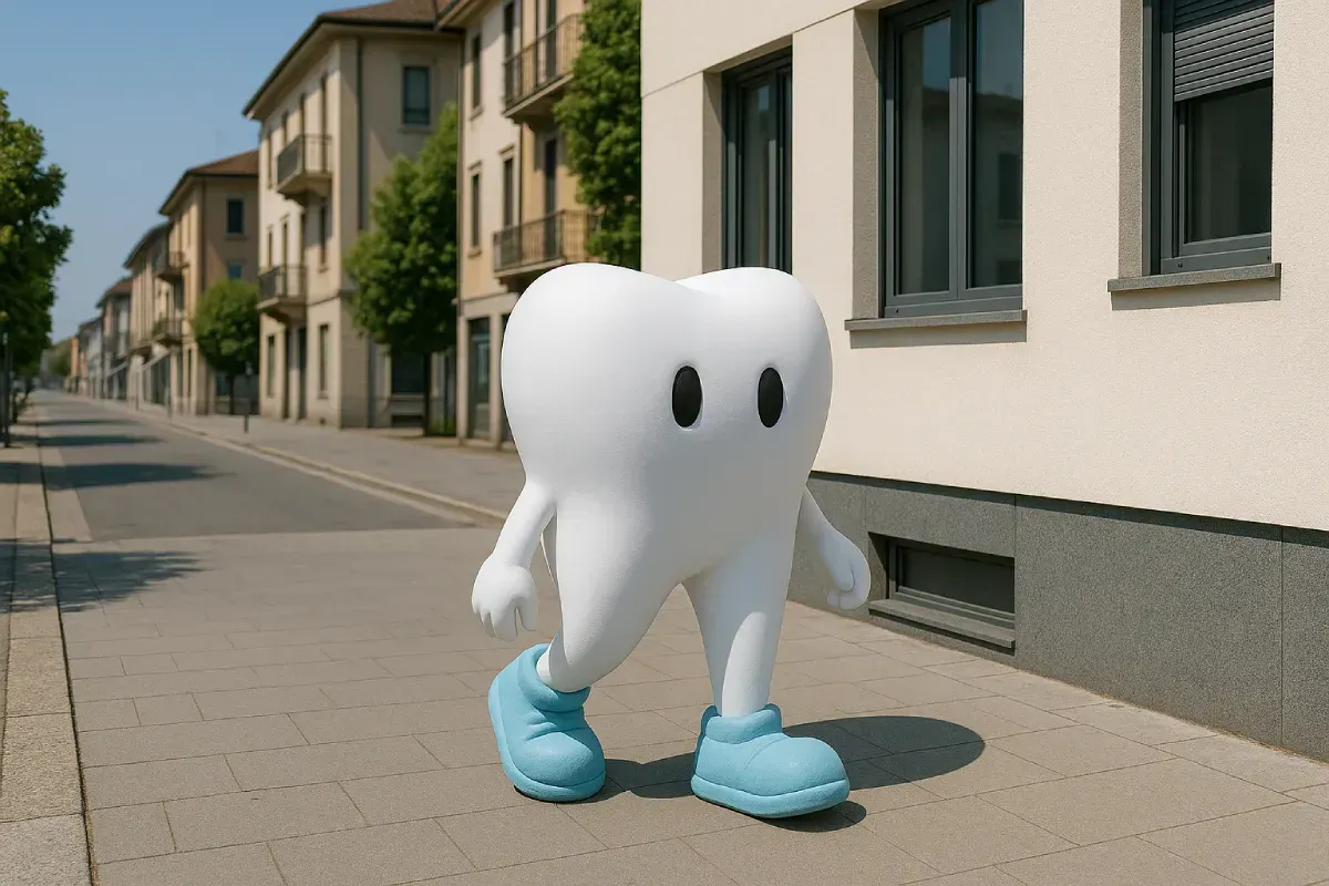 Un dente bianco dei cartoni animati con scarpe blu cammina su una strada residenziale soleggiata