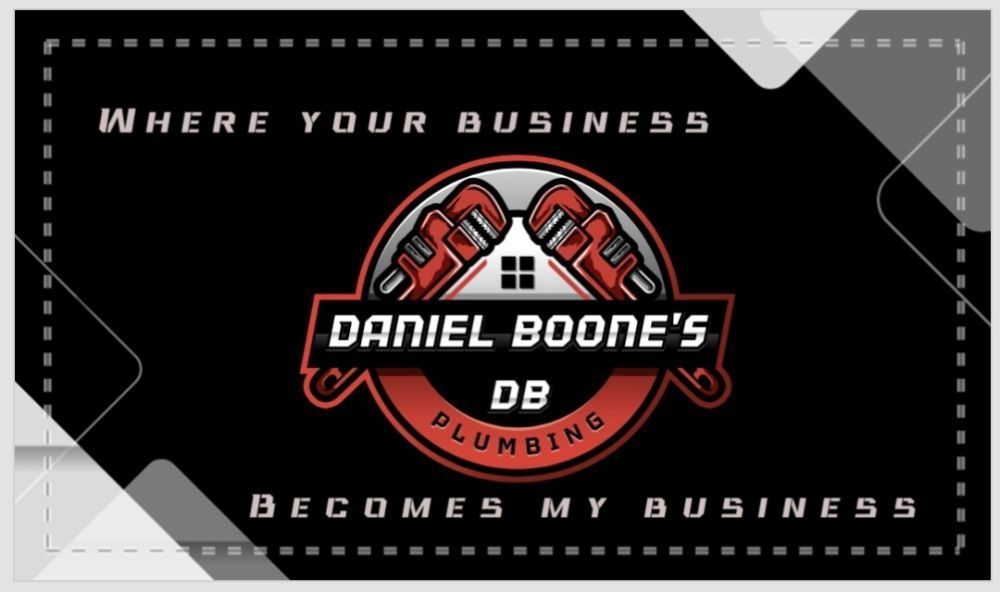 Black-and-red business card logo for Daniel Boone’s Plumbing with “Where your business becomes my business” text