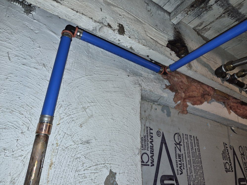 Blue pipes run along a rough concrete wall and ceiling near insulation panels.