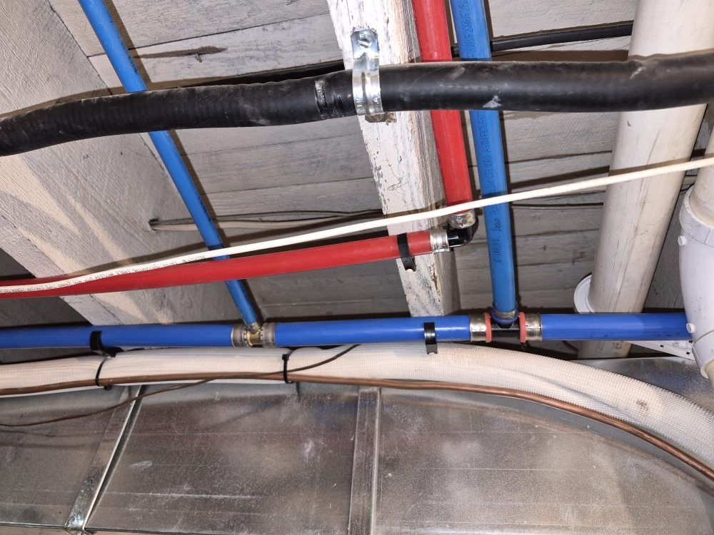 Ceiling with red, blue, and black pipes running across concrete beams and ducting