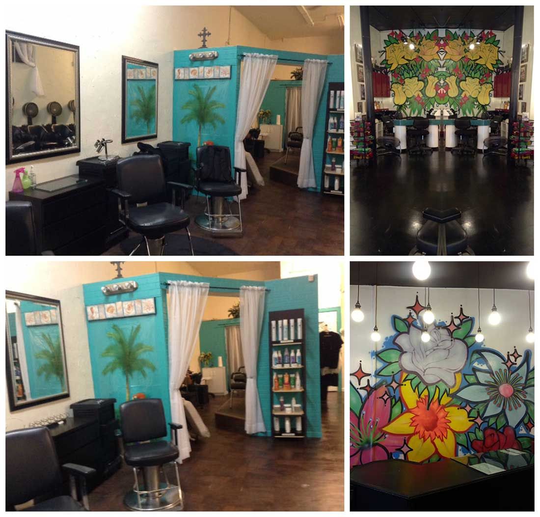 A collage of four pictures of a hair salon