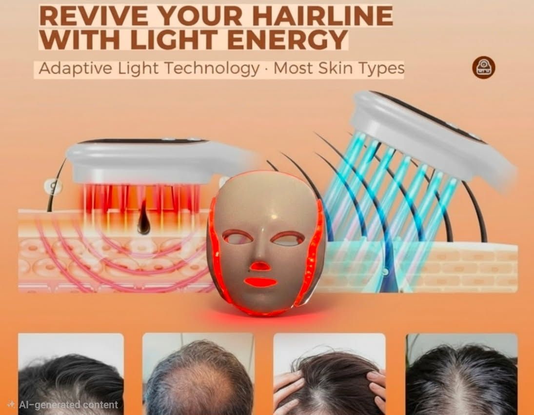 Ad for light-therapy hair growth cap with scalp diagrams and before-and-after hairline photos