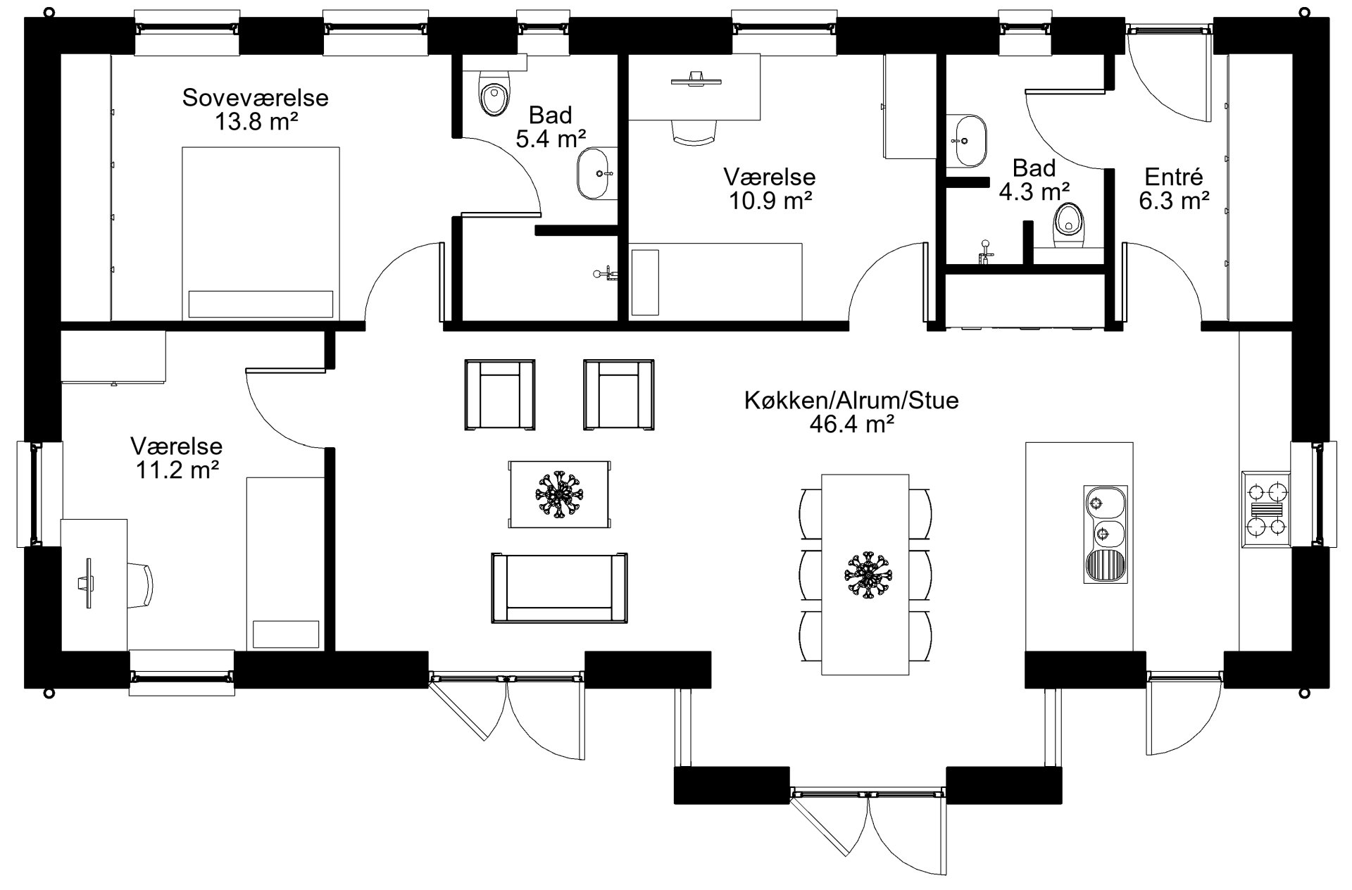 Plantegning på 1/120 Vinkelhus│ Arkitekttegnede typehuse fra Jely Huse