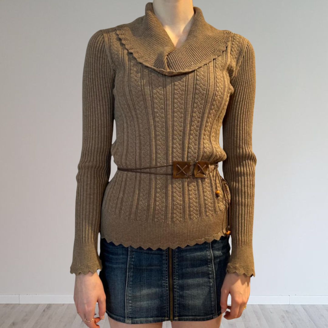 brown ribbed cowl neck brown sweater
