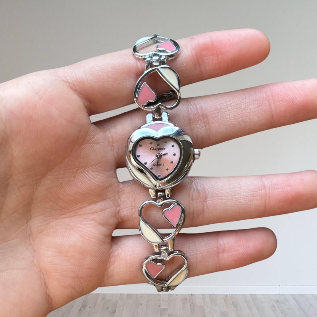 pink silver heart watch