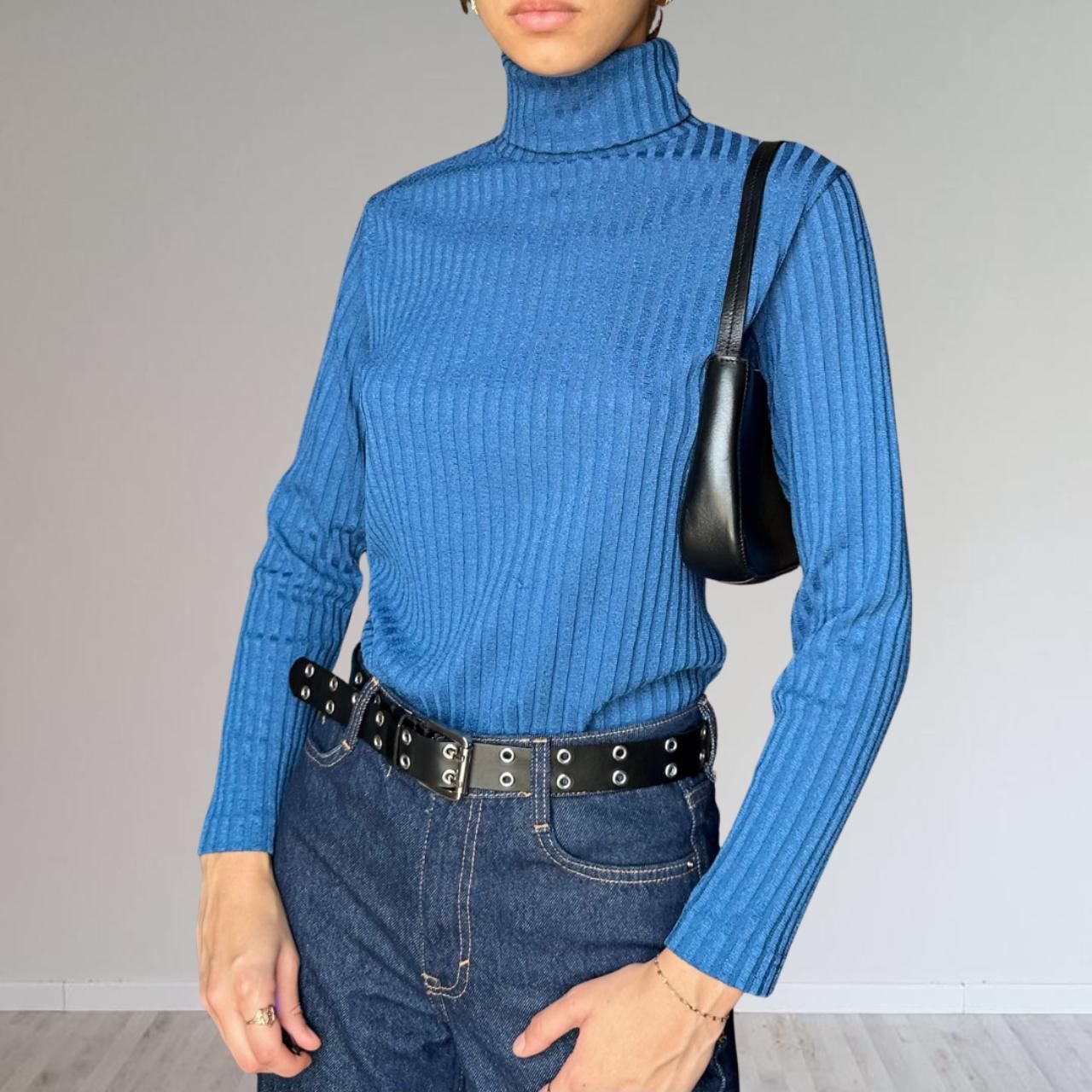 blue turtleneck sweater