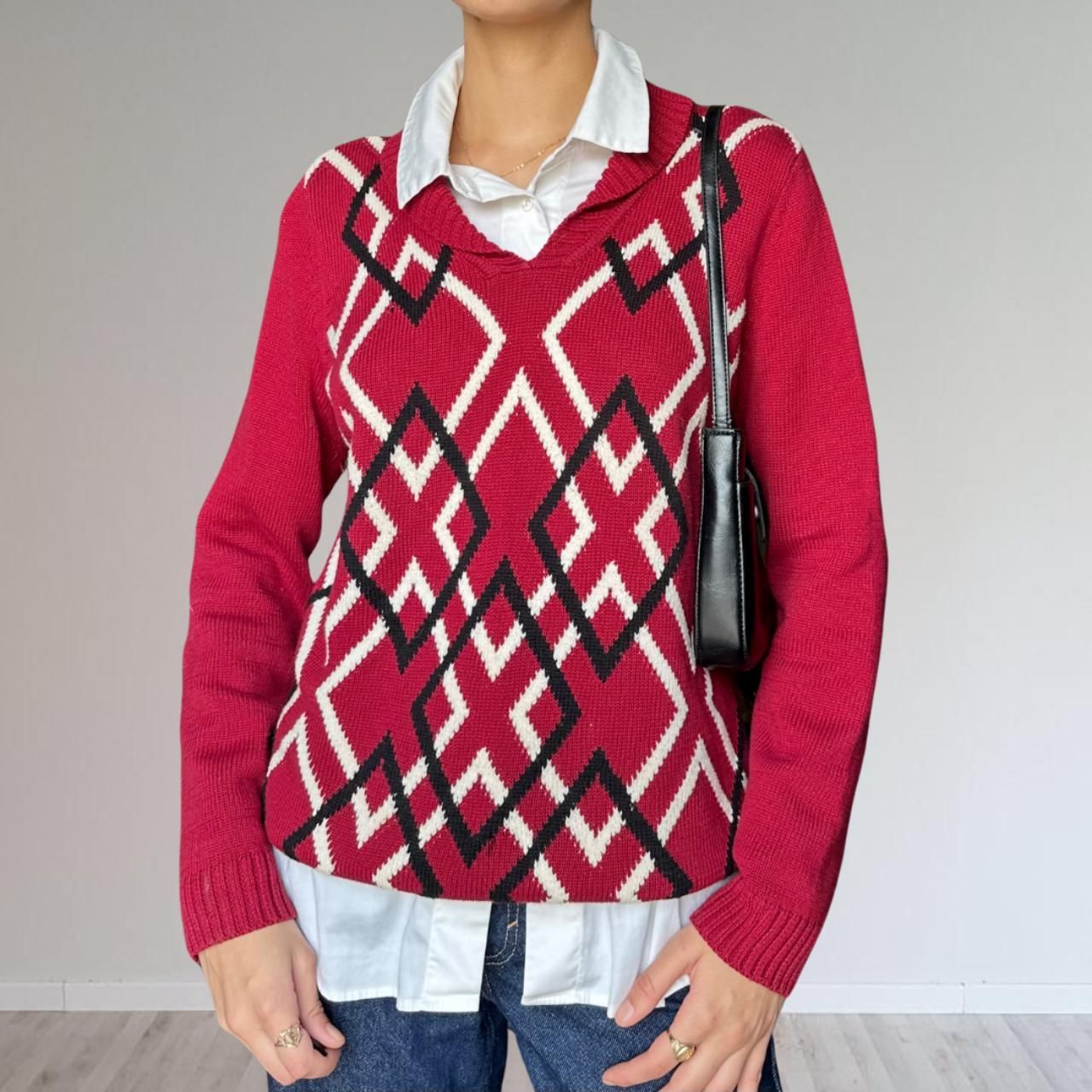 red geometric print knit sweater