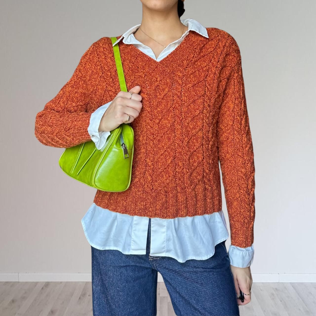orange cable knit v neck sweater
