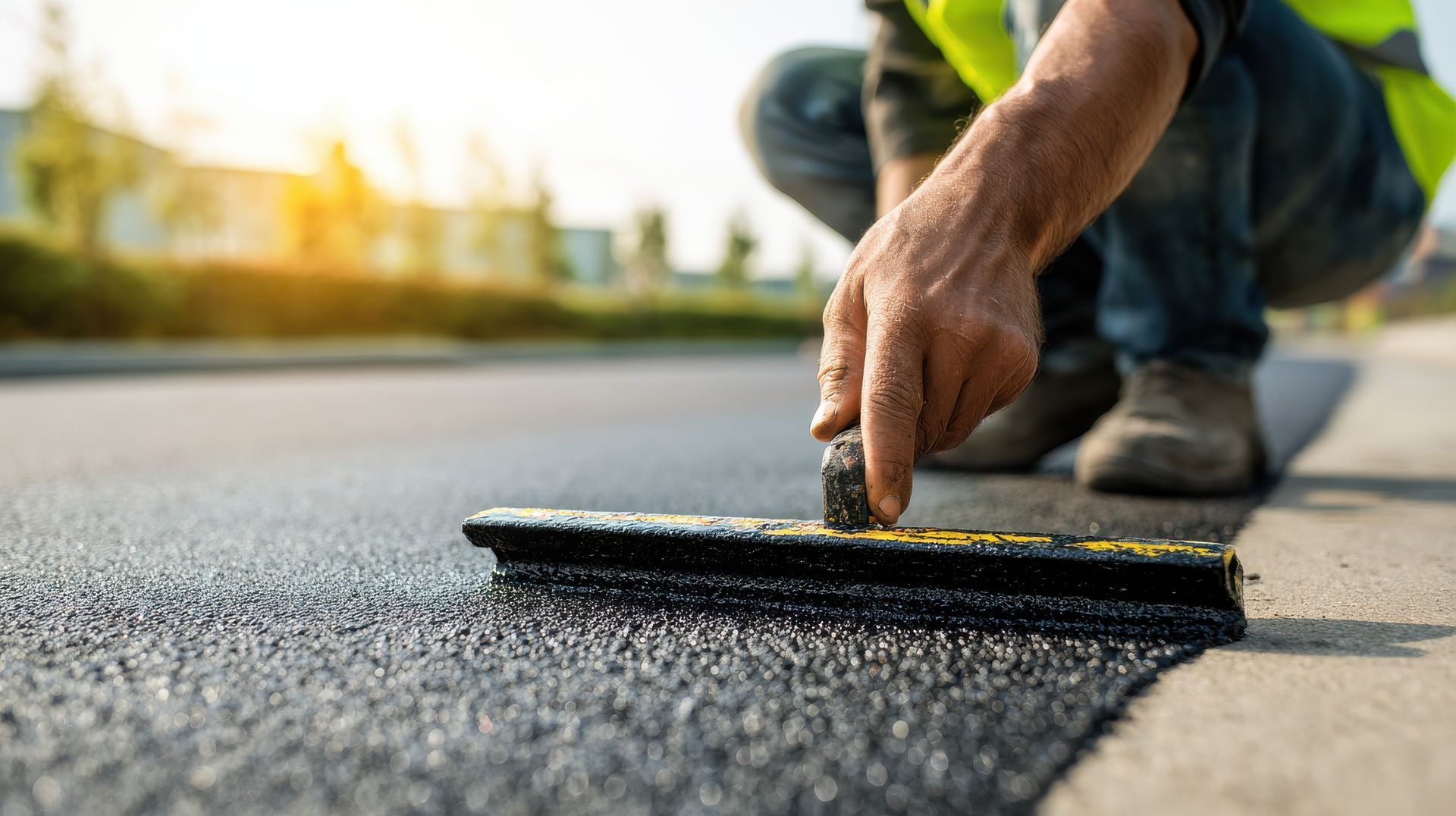 Stunning photo of person sealing driveway with squeegee applicator tool in sunny day.