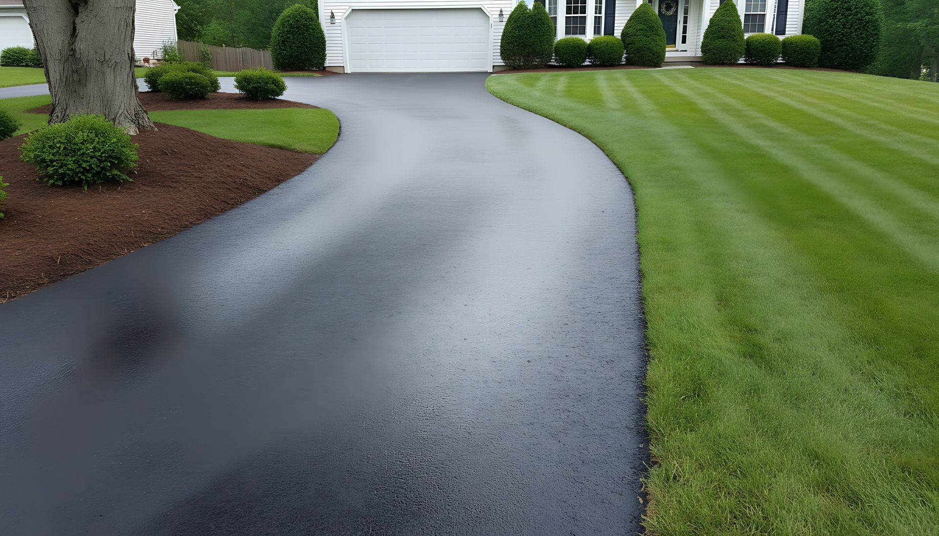 Freshly applied black sealcoat glistens on a newly restored asphalt driveway Freshly applied black sealcoat glistens on a newly restored asphalt driveway